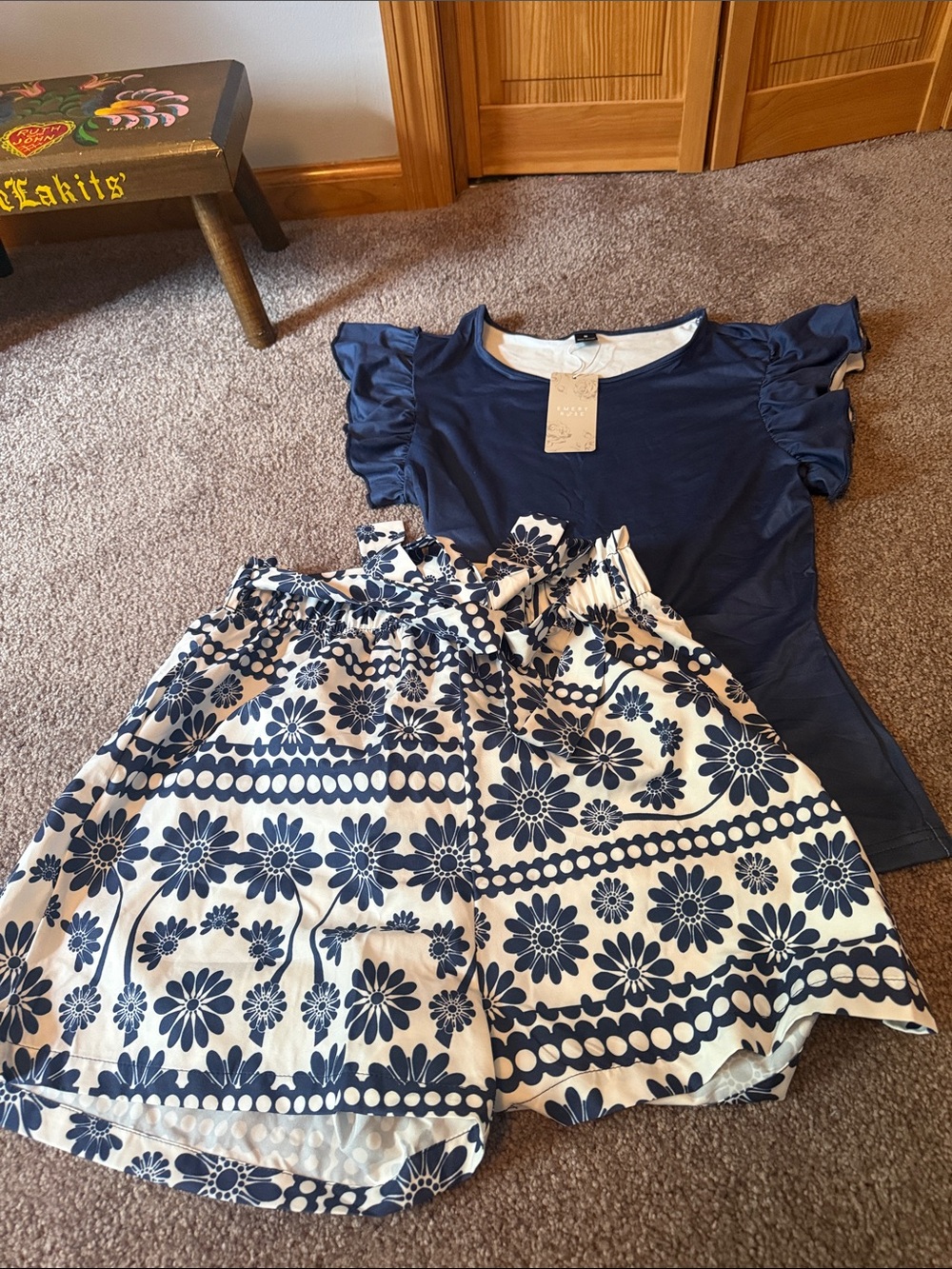 Navy Flutter Sleeve Top and Navy Floral Paperbag Shorts Set